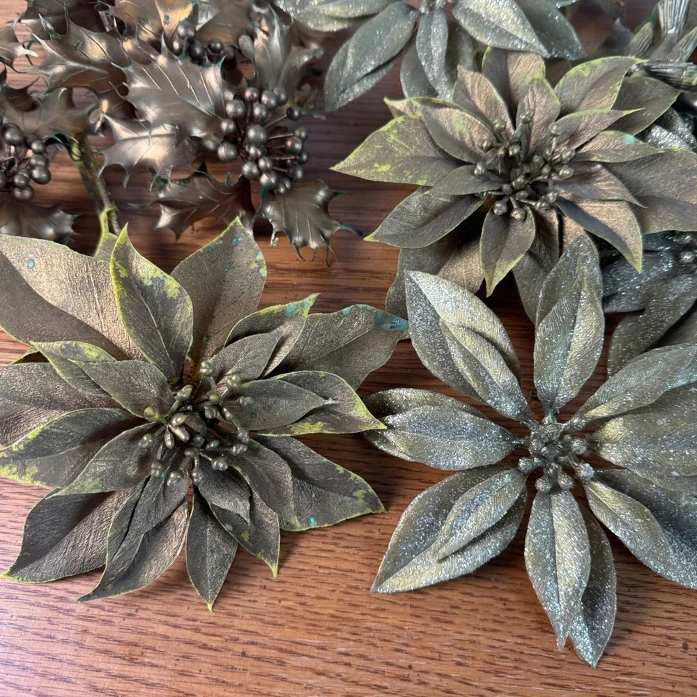 Vintage Metallic Gold Artificial‎ Poinsettia Holly Berry Picks Christmas Decor